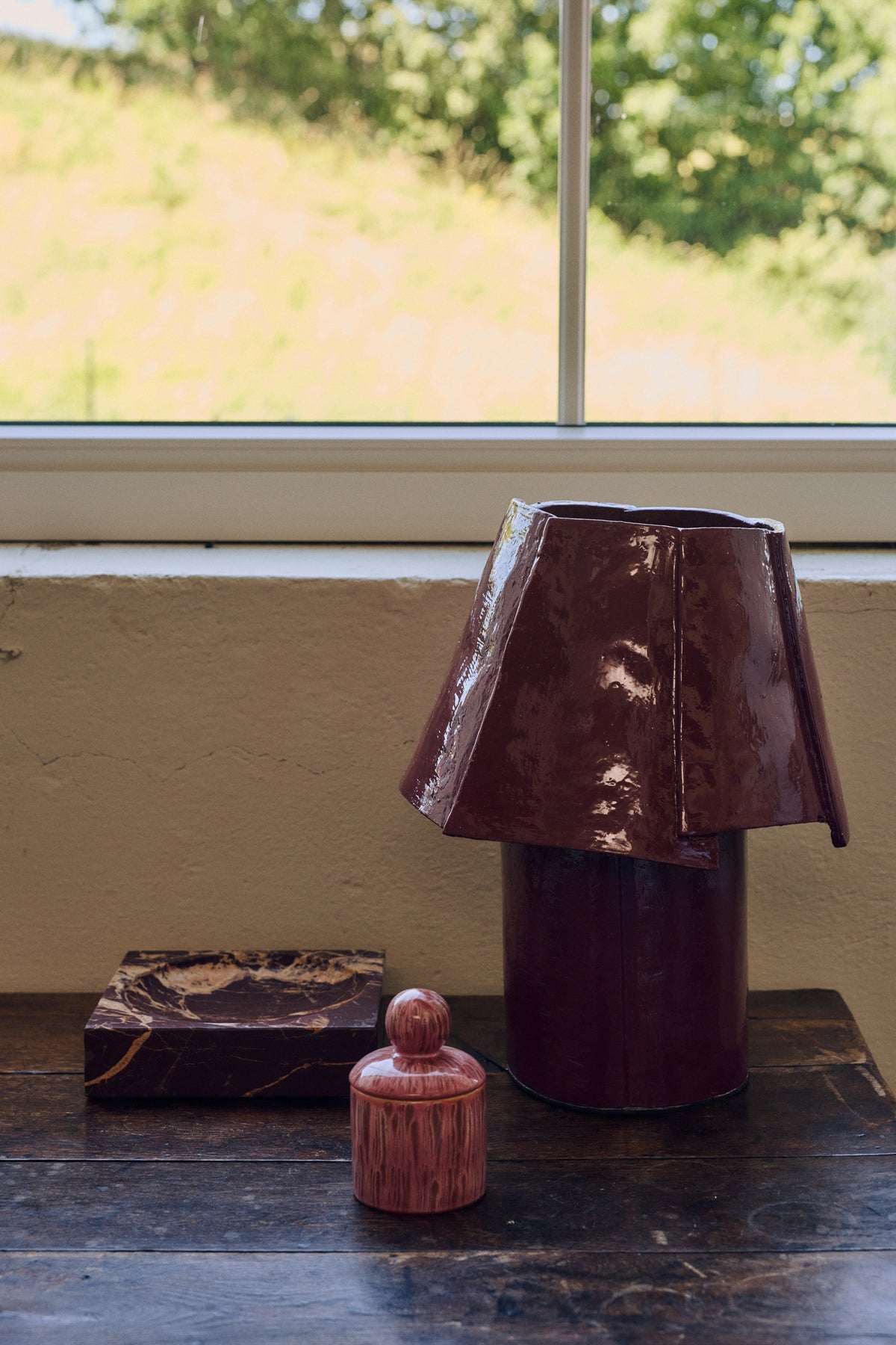 Cotton maché table lamp, burgundy