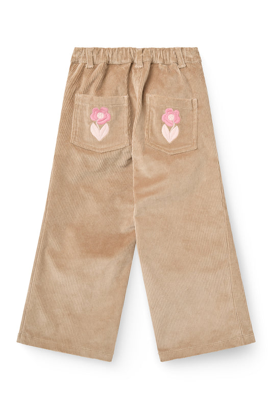 Corduroy Broek met Wijde Pijp en Borduursel Beige