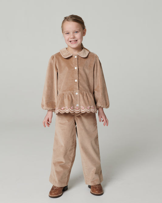 Corduroy Broek met Wijde Pijp en Borduursel Beige