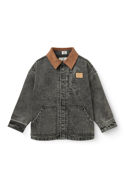 Denim Jas met Corduroy Kraag Washed Grey Brown