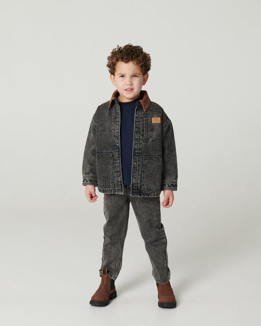 Denim Jas met Corduroy Kraag Washed Grey Brown