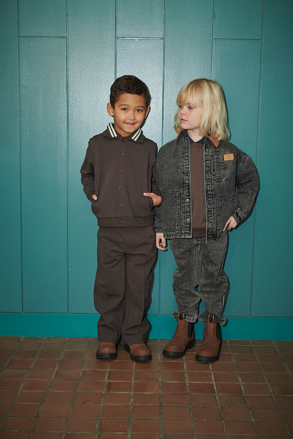Denim Jas met Corduroy Kraag Washed Grey Brown