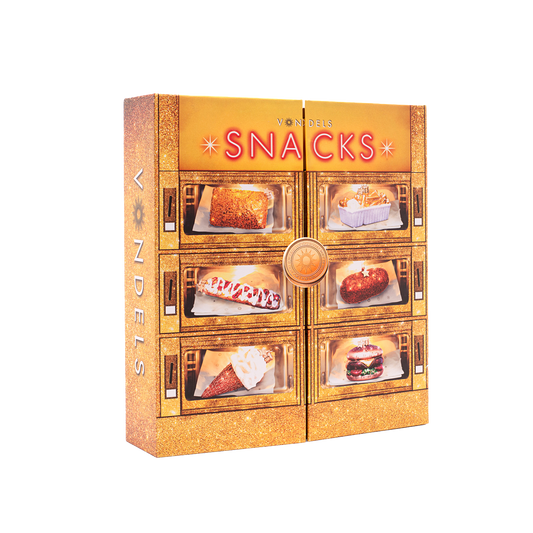 Vondels Adventskalender Snackbox – 6 Glazen Kerstballen – in Cadeaudoos
