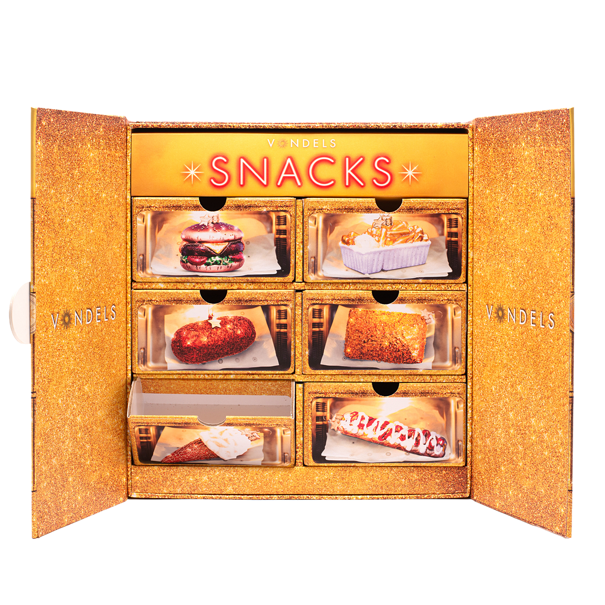 Vondels Adventskalender Snackbox – 6 Glazen Kerstballen – in Cadeaudoos